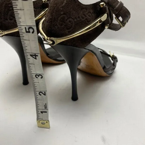 GUCCI Logo Horsebit Equestrian Chocolate Leather /Suede Strappy Heels Size 38 - Picture 10 of 10